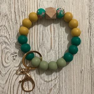 Silicone Beaded Wristlet Keychain Floral Mustard Yellow Green Lg Lobster Clasp